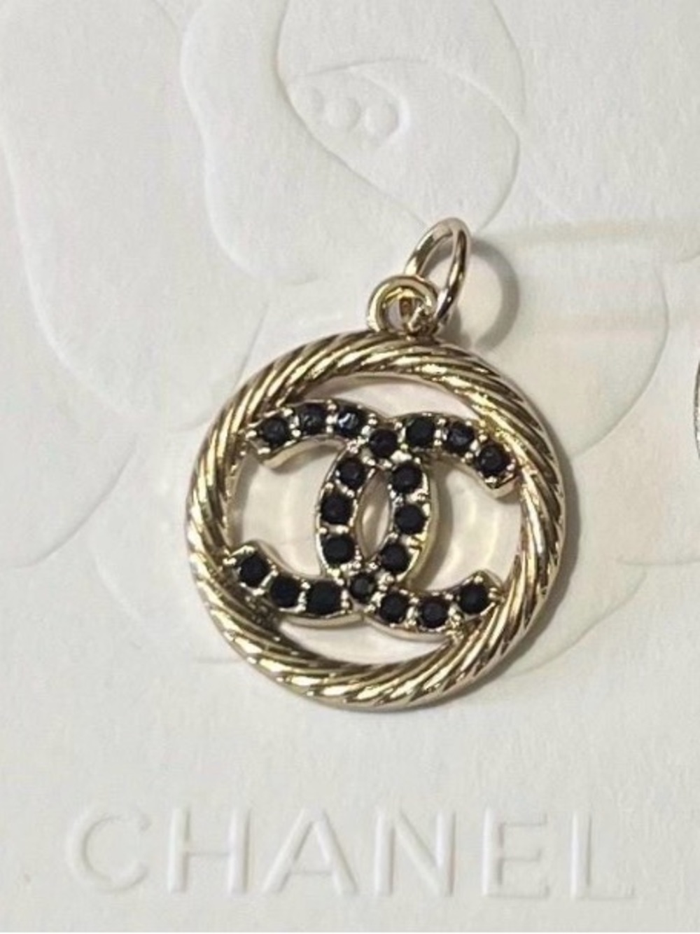 CHANEL Gold-Tone Double C Pendant with Black Stones
